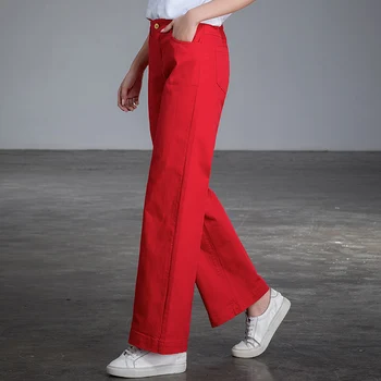 Femei roșu complet blugi largi picior talie mare vrac direct full lungime pantaloni plus dimensiune Vaqueros Pantalones Mujer transport gratuit