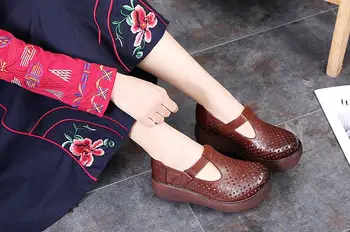 Femei Sandale cu Platforma din Piele de Vară 2020 Retro Manual Wedge Sandale Pentru Femei Pantofi de Vara Doamnelor Sandale Pantofi