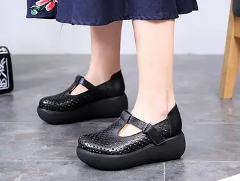 Femei Sandale cu Platforma din Piele de Vară 2020 Retro Manual Wedge Sandale Pentru Femei Pantofi de Vara Doamnelor Sandale Pantofi