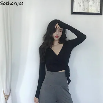 Femei Seturi Elegante V-neck Solid Arc Slim Talie Mare Dulce Trendy Stil coreean Femei Maneca Lunga Set Criss-Cross Doamna Respirabil