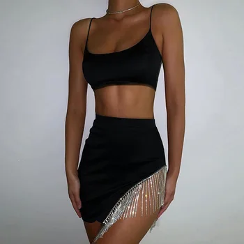 Femei Sexy 2 buc Seturi de Petrecere Tinute Clubwear Curele de Spaghete Crop Top Camis+Sequin Diamant Ciucure Fusta de Vară 2020 Bodycon
