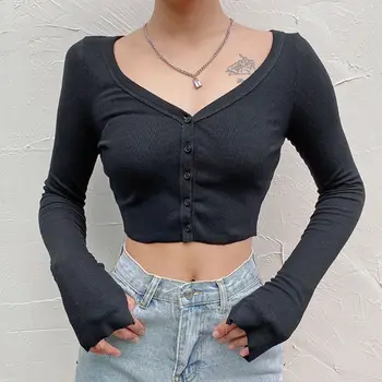 Femei Sexy Cu Maneci Lungi Split Mansete Cultură V-Neck Top De Pe Umăr Butoane T-Shirt Cu Dungi Knit Bodycon Cardigan Streetwear