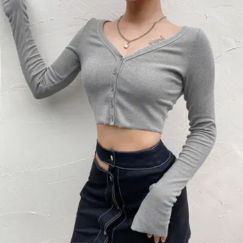Femei Sexy Cu Maneci Lungi Split Mansete Cultură V-Neck Top De Pe Umăr Butoane T-Shirt Cu Dungi Knit Bodycon Cardigan Streetwear