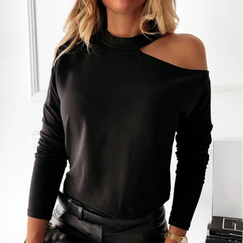 Femei Sexy Gol Afară Slim Fit Casual cu Maneci Lungi Gât Rotund Tricou Negru Solid halter Bluze Bluza 2020