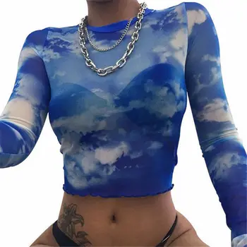 Femei Sexy Gât O Plasă Transparentă Pur Maneca Lunga De Sus A Culturilor Tricou Bluza Topuri