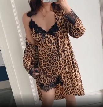 Femei Sexy Leopard Seturi De Pijamale V-Gât Satin De Mătase, Cu Dantelă Lenjerie Pijama De Noapte Pantaloni De Costum, Camasa De Noapte, Pijamale