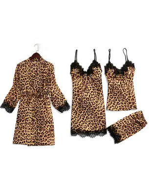 Femei Sexy Leopard Seturi De Pijamale V-Gât Satin De Mătase, Cu Dantelă Lenjerie Pijama De Noapte Pantaloni De Costum, Camasa De Noapte, Pijamale