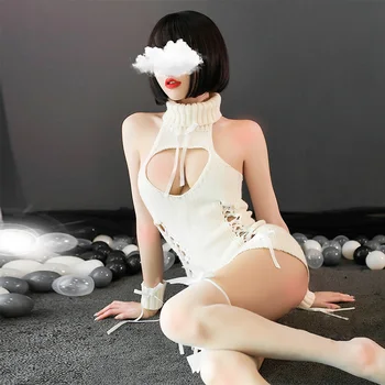 Femei Sexy spate deschis virgin Lolita Virgin Killer pulover Babydolls guler deschis Gol Afară de Panglică Bandaj Subțire Topuri Tricotaje