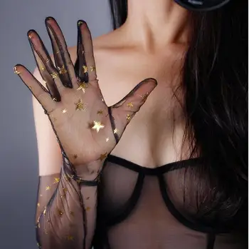 Femei sexy strălucitoare stea de aur negru transparent mănuși plasă de sex feminin primăvară-vară de protecție solară timp mănușă R1864