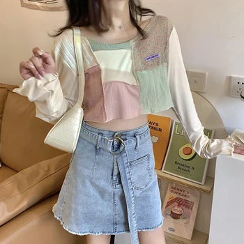 Femei Strapless Împletit Tricou de Vară de protecție Solară Top Drăguț Dulce Fata Kawaii cu Mâneci Lungi Tricou 2020 Toamna Scurte T-Shirt