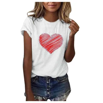 Femei T Shirt de Imprimare Inima Ziua Îndrăgostiților Casual Maneca Scurta Tricou O Gâtului în formă de Inimă Pulover Topuri Tricouri ropa mujer