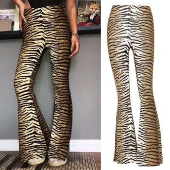 Femei Talie Mare Largi Picior Pantaloni Lungi Vintage Leopard, Dungi De Tigru De Imprimare Ars Bell Jos Stretch Bodycon, Pantaloni