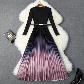 Femei toamna iarna negru rochie pulover tricotate mozaic plisate V-gât curea maneca lunga rochii noi 2019