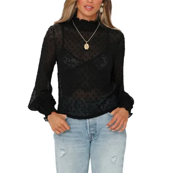 Femei Topuri si Bluze Elegante cu Buline Gât Înalt de Plasă Pur Tricou Vedea Prin Maneca Lunga Tee Doamnelor Vara Streetwear