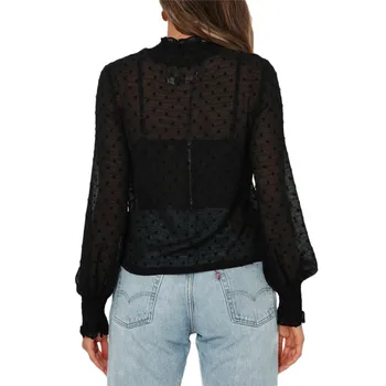 Femei Topuri si Bluze Elegante cu Buline Gât Înalt de Plasă Pur Tricou Vedea Prin Maneca Lunga Tee Doamnelor Vara Streetwear