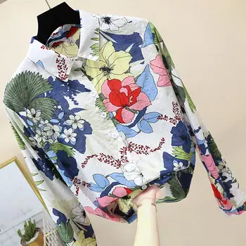 Femei Topuri și Bluze de Primavara imprimeu Floral Bluza cu Maneca Lunga Rândul său, în Jos Guler de Cămașă Birou Blusas Plus Dimensiune