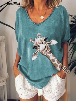 Femei Tricouri Vara Giraffe Animal Print Top Scurt Maneca V Gat Vrac Casual Vogue Tricou Plus SizeTee Tricou Femei 2020 nou