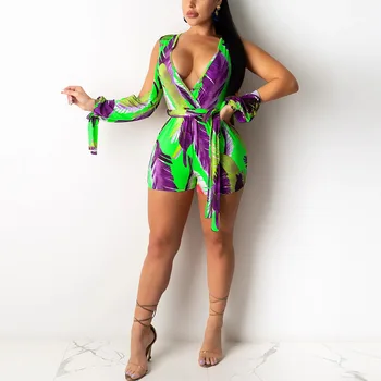 Femei Tropical Imprimate Vara Boho Plaja Costum Sexy Skinny Scurt Salopetă Chic Dulce Playsuits