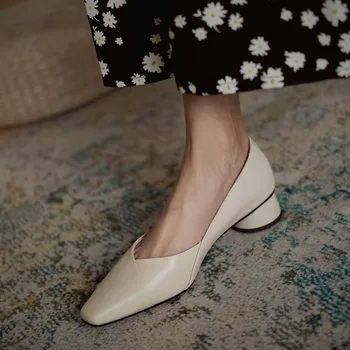Femei V-gura Toc Gros, cu Toc mic, Pantofi cu toc Înalt din Piele Moale de Confort Pantofi Femei Pompe Clasice
