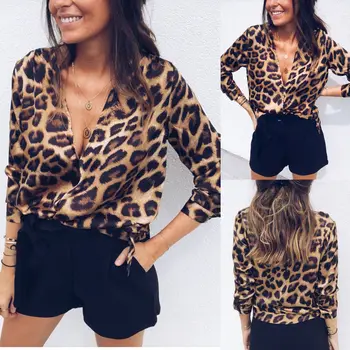 Femei V-Neck Bumbac Leopard de Imprimare Pulover Bluza cu Maneci Lungi Tricou Top S-XL