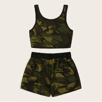 Femei Vara Sleepwear Camo Print Tank Top Vesta+cordon Talie pantaloni Scurți Set Pijama Verde fără Mâneci Pijamale Pijamale #CN