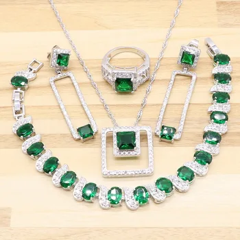 Femei Verde Imitat Smarald pătrat de Moda Alb de Argint nunta de cristal, Seturi de Bijuterii Angelic Inel Colier Cercei Bratara
