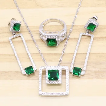 Femei Verde Imitat Smarald pătrat de Moda Alb de Argint nunta de cristal, Seturi de Bijuterii Angelic Inel Colier Cercei Bratara