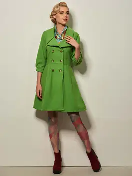 Femei vintage mid-lungime amestecuri de lână iarna toamna înaltă talie butonul verde solid cutat uza sacou haina birou doamnă dulce