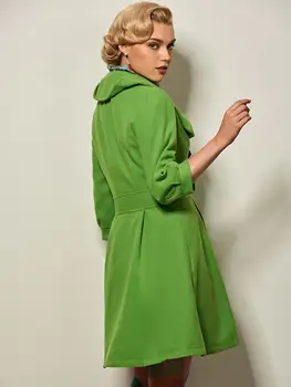 Femei vintage mid-lungime amestecuri de lână iarna toamna înaltă talie butonul verde solid cutat uza sacou haina birou doamnă dulce