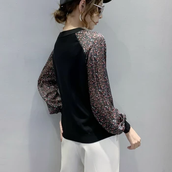 Femei Vrac Tipărite Bluze Albe 2020 Moda Cu Maneci Lungi Șifon Mozaic Negru Topuri Coreean Haine Casual Bluza Din Tricot