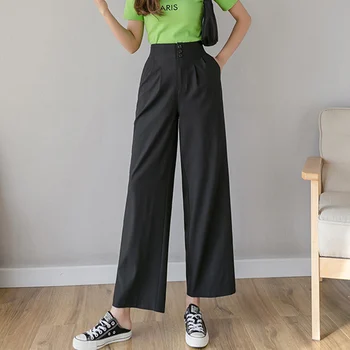 Femei Șifon Talie Mare Pantaloni Largi Picior de Vară Negru Simplu Doamnelor Pantaloni de Moda 2020 NOU Liber Cu Butonul de sex Feminin Pantaloni