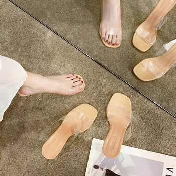 Femeie Grosier Joker Mare, Cu Transparente Interesante Papuci de casă Cristal de sex Feminin Toc Patrat PVC Papuci de casă Inaltime Toc Pantofi