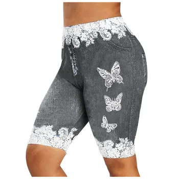 Femeii Plus Dimensiunea Slab Fluture de Imprimare Casual Jeggings Faux Denim pantaloni Scurți