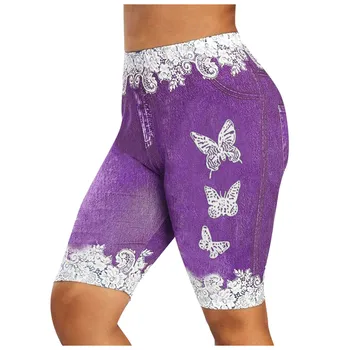 Femeii Plus Dimensiunea Slab Fluture de Imprimare Casual Jeggings Faux Denim pantaloni Scurți