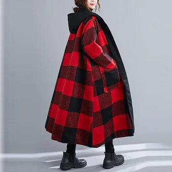 Femeile 2020 Iarna Gros de Lână Sacou Feminin Carouri cu Gluga Haina Plus Dimensiune Streetwear Doamnelor Supradimensionat Haină Lungă din Lână 4XL 5XL 6XL