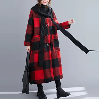 Femeile 2020 Iarna Gros de Lână Sacou Feminin Carouri cu Gluga Haina Plus Dimensiune Streetwear Doamnelor Supradimensionat Haină Lungă din Lână 4XL 5XL 6XL