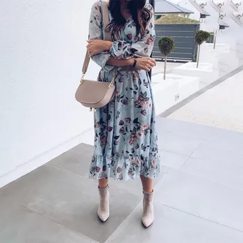 Femeile Boem Flori Imprimate Rochie a-line Ciufulit Maneca Lunga V gât Elegant Casual Mijlocul Rochie de Vară 2020 Noua Moda Rochie