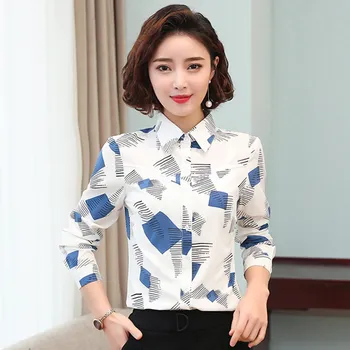 Femeile coreene Tricouri Femei Șifon Bluze Office Lady Imprimare Tricouri Femei Mâneci Lungi Tricou Femeie Tricou cu Dungi Bluza plus Dimensiune