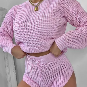 Femeile de Toamnă de Primăvară Acasă Body 2 BUC Tricotate Set 2020 Moda Doamnelor Scurte Pulover+ pantaloni scurți en-Gros