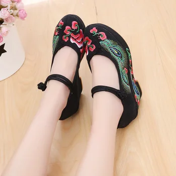 Femeile Din China, Pompe De Flori Păun Brodate Tesatura De Bumbac De Înaltă Tocuri Curea Glezna Doamnelor Confort Broderie Pompa De Pantofi De Femeie