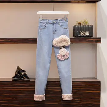 Femeile din coreea de 2 Bucăți Set de Iarna de Moda Broderie Desene animate Pulover Și Blugi Casual Streetwear Pantaloni din Denim se Potrivi Plus Dimensiune 4XL