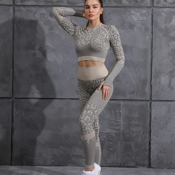 Femeile Energie Fără Sudură De Sport Costume De 2 Buc Model Sarpe Tricotate Yoga Seturi De Trening Cu Maneci Lungi Decupate Tricouri Înaltă Talie Jambiere