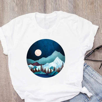 Femeile Grafic Noapte Cu Lună Pădure De Munte Print T-Shirt De Vara Tricou Topuri Doamna Haine Femei Haine Tee Femei T Shirt