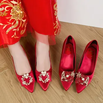 Femeile Gravide Mireasa, Pantofi De Nunta Doamnelor Toc Pătrat A Subliniat Tocuri Înalte, Pearl Silk Satin Singur Pantofi Elegante Femei Pompe De 7 Cm