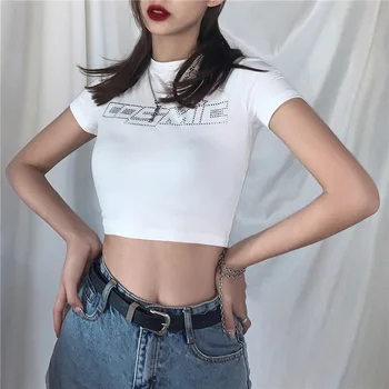 Femeile Harajuku Alb Negru Scrisoare Stras Tricouri Buric Goale Decupate Moda Streetwear Top Tee Slim Fit Maneca Scurta Tricou