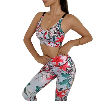 Femeile Jogging set Print Floral Yoga Set de Funcționare Sală de Fitness, Costume de Haine de Antrenament Talie Mare Sport, Jambiere, Trening
