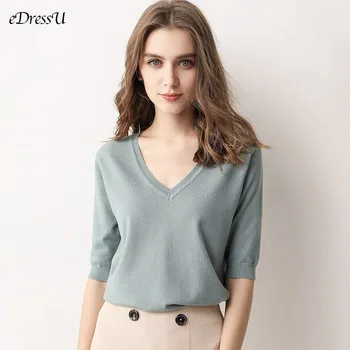 Femeile Knit T-shirt Pulover V Neck Primavara-Vara tricou Maneca Scurta Solid Tricotaje Verde coreean Casual, Office Lady Jumper HW-3