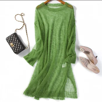 Femeile Mohair Pulover Rochie Verde Pulovere Moi Subțire rochie lunga de Toamna Primavara Gol rochie
