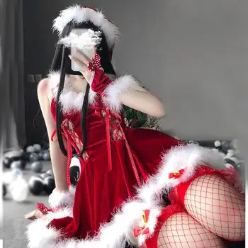 Femeile Moș Crăciun Chelneriță Cosplay Costum Sexy De Lenjerie Calde De Iarnă Fără Mâneci Rochie De Catifea De Crăciun Xmas Party Uniformă De Menajeră