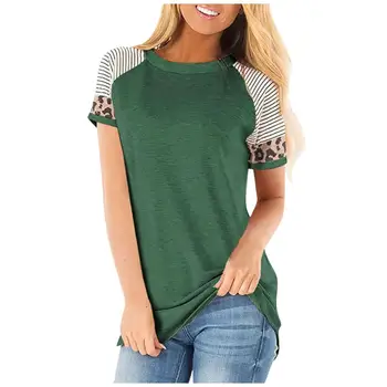 Femeile O-gât cu Dungi Leopard Mozaic T-shirt Top de Vara cu Maneci Scurte Casual Vrac Tee Doamnelor Moda Elegant de Top, Plus Marimea 3XL